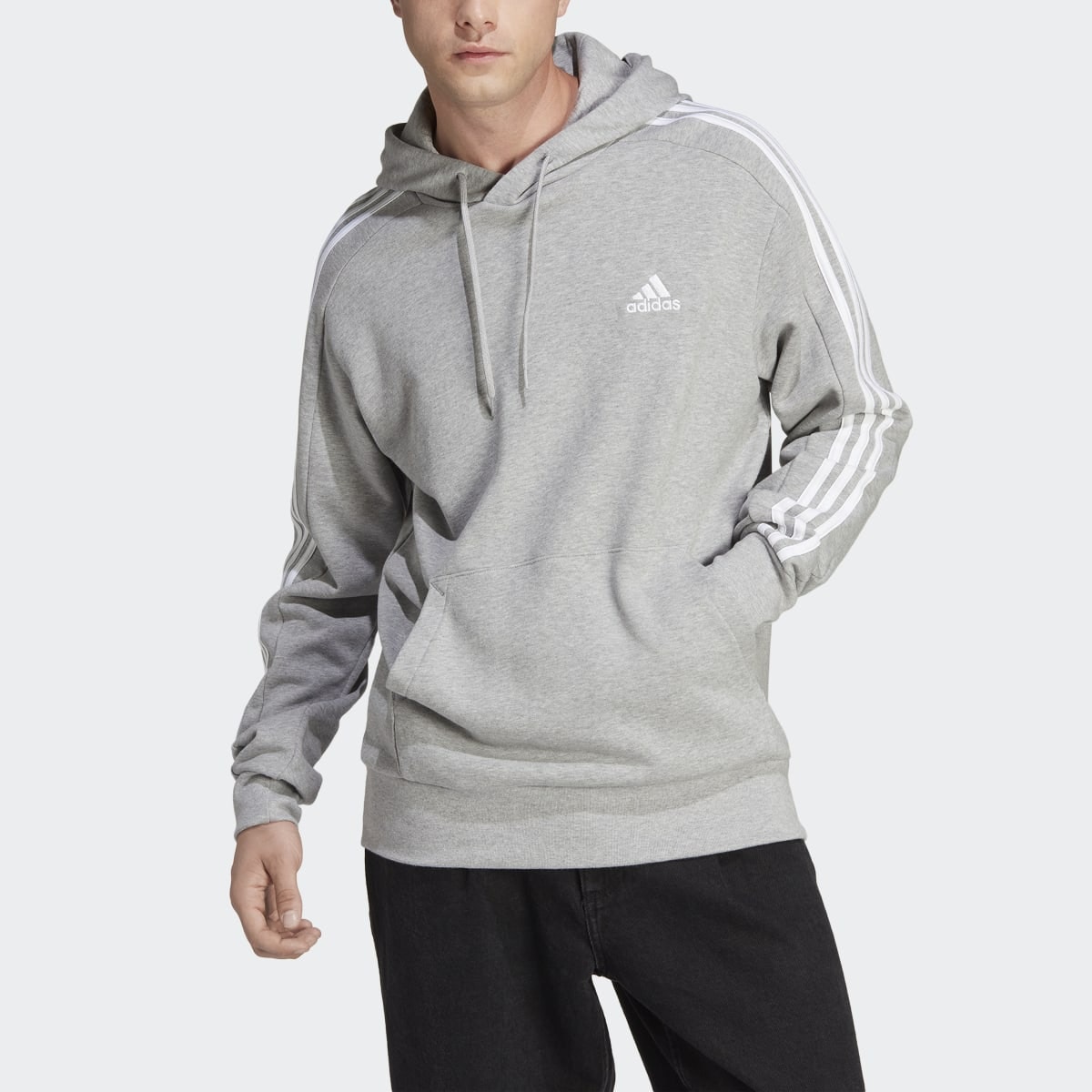 Moletinho Adidas com Capuz Zíper Essentials 3 Stripes Cinza Ic5437